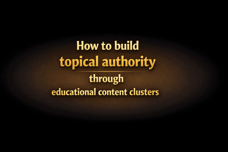 Editorial team reviewing a topical authority content cluster map and SEO analytics dashboard